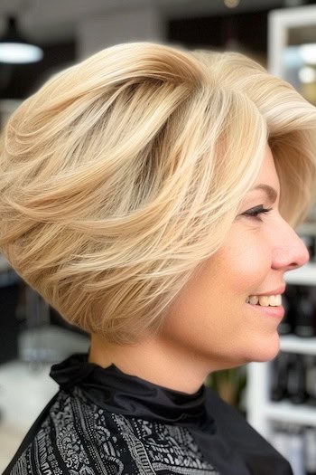 Feathered Stacked Bob Hairstyle on a smiling woman with blonde hair, side view.