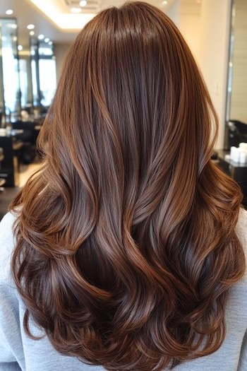 French Roast Brown Waves Hairstyle on a woman with brown hair in a hair salon, from back.