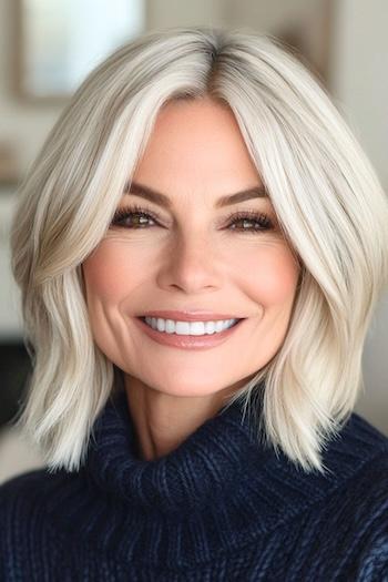 Frosty Platinum Blonde Face-Framing Bob Hairstyle on a smiling woman with blonde hair.