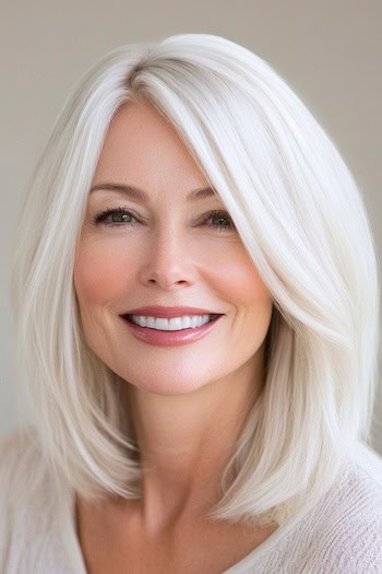 Full Long Bob with Side Bangs Hairstyle on a smiling woman with white hair.