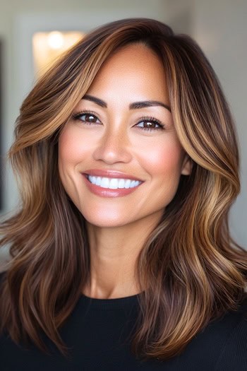 Golden Balayage on Dark Brown Hair Hairstyle on a smiling woman with brown hair with golden highlights.