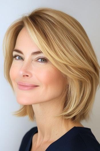 Golden Blonde Layered Long Bob With Side Part Hairstyle on a smiling woman with blonde hair, side angle.