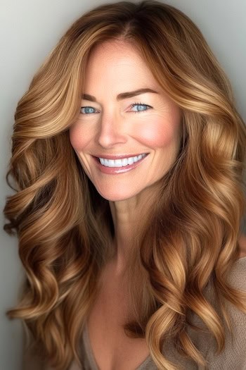 Golden Bronze Waves Hairstyle on a smiling woman with long light golden brown hair.