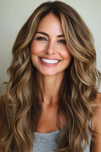 Golden Brown Waves with Honey Blonde Highlights Hairstyle on a smiling woman with long brown hair.