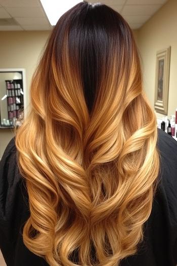 Golden Caramel Blonde Ombre Long Curled Hair Hairstyle on a woman with long brown-blonde ombre hair.