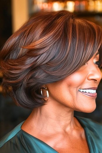 Graduated Feathered Bob Hairstyle on a smiling woman with dark brown hair, side view.