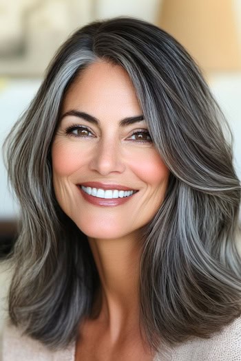 Gray Blending for Dark Brown Hair Hairstyle on a smiling woman with brown hair blended with grays.