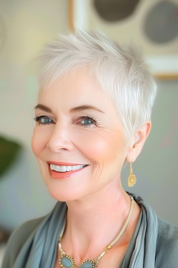 Grown-Out Layered Pixie Haircut on a smiling woman with wispy gray hair.