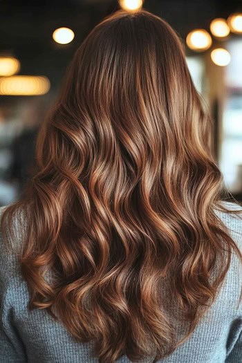 Highlighted Chocolate Brown Waves Hairstyle on a woman with long brown hair, from back in hair salon.