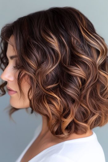 Highlighted Curly Long Bob Hairstyle on a woman with brown hair and blonde highlights, side view.