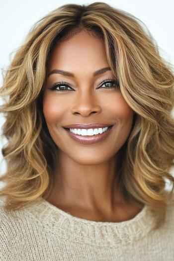 Highlighted Dark Blonder Shoulder-Length Textured Waves Hairstyle on a smiling black woman with blonde hair.