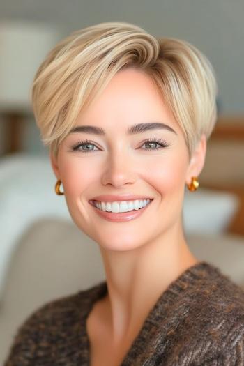 Highlighted Honey Blonde Pixie Hairstyle on a smiling woman with short blonde hair.