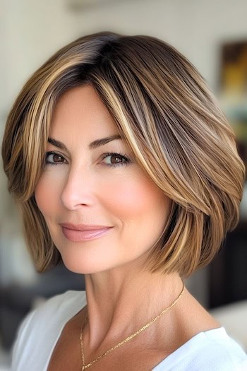 Highlighted Layered Bob Hairstyle on a woman with highlighted brown hair.