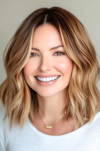 Highlighted Wavy Long Bob Hairstyle on a smiling woman with brown hair and blonde highlights.