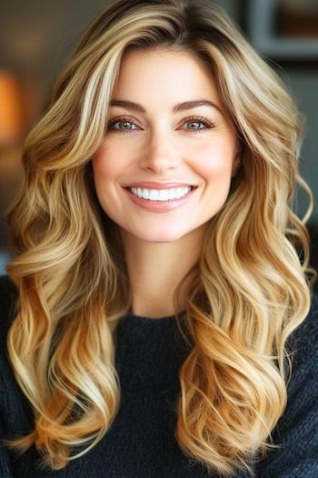 Honey Blonde Waves with Caramel Lowlights Hairstyle on a smiling woman with long, wavy, blonde hair.