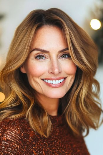 Honeyed Caramel Brown Waves Hairstyle on a smiling woman with brown hair.