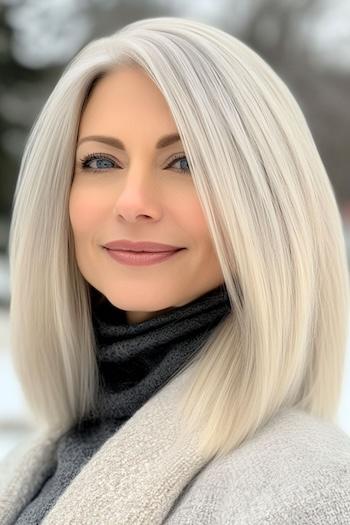 Icy Ash Gray Blonde Straight Lob Hairstyle on a woman with blonde hair.