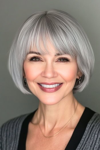 Jaw-Length Rounded Layered Bob Hairstyle on a smiling woman with short silver hair.