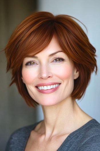 Layered Auburn Bob Hairstyle on a smiling woman with auburn hair.