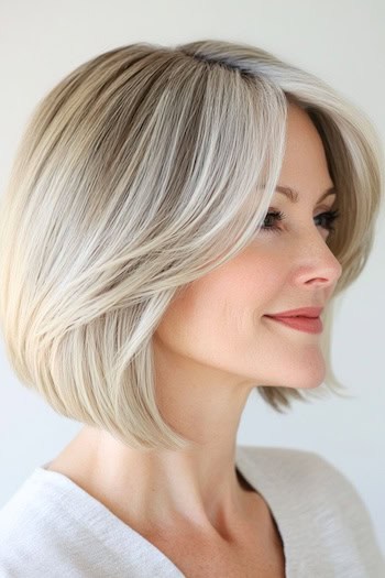 Layered Bob Hairstyle on a smiling woman with blonde hair, side view.