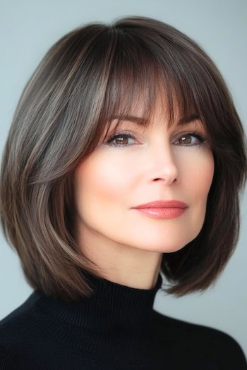 Layered Brunette Bob With Bangs Hairstyle on an older woman with brown hair.