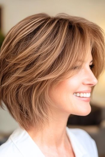 Layered Feathered Bob Hairstyle on a smiling woman with textured light brown hair, side view.