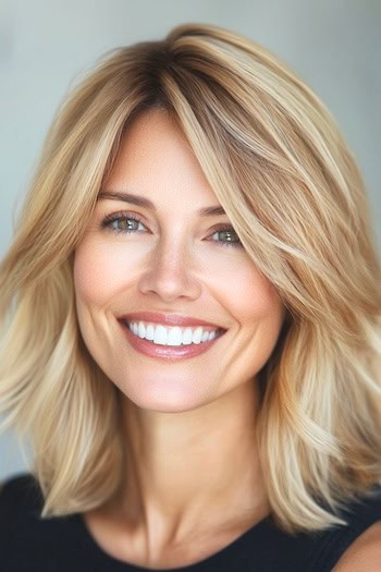 Layered Lob With Textured Ends Hairstyle on a smiling woman with blonde hair.