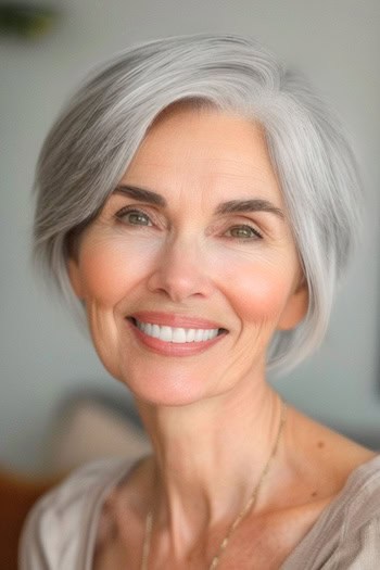 Layered Pixie Bob Haircut on a smiling woman with gray hair.