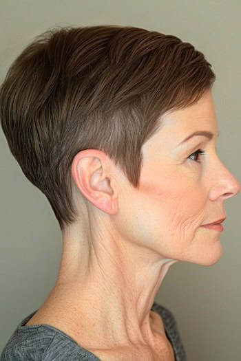 Layered Pixie with Undercut Haircut on an older woman with short brown hair, side view.