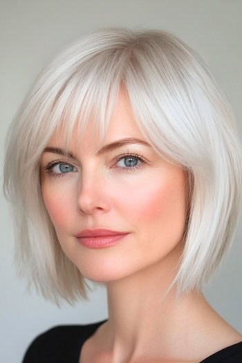 Layered Platinum Bob with Bangs Hairstyle on a smiling woman with champagne blonde hair.