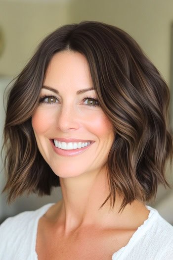 Layered Wavy Long Bob Hairstyle on a smiling woman with layered brown hair.