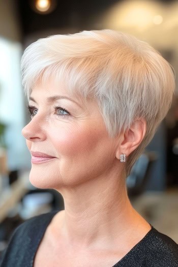 Layered Wavy Pixie for Thin Hair  Haircut on an older woman with short white gray hair, side view.