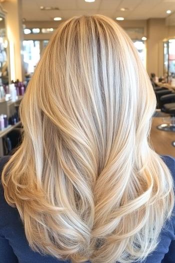 Light Buttery Blonde Long Layers with Platinum Highlights Hairstyle on a woman with long blonde hair, from back, in salon.