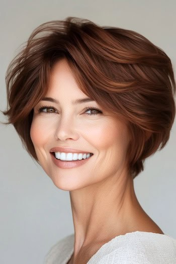 Light Mahogany Brown Cropped Layers Hairstyle on a smiling woman with short brown hair.