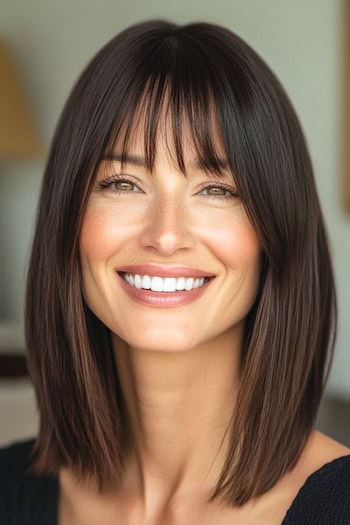 Long Blunt Bob With Bangs Hairstyle on a smiling woman with brown hair and bangs.