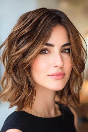 Long Blunt Wavy Bob with Layers Hairstyle on a young woman with brown hair.