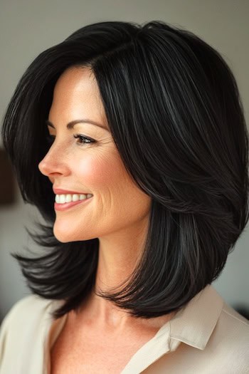 Long Bob with Face-Framing Feathered Layers Hairstyle on a smiling woman with black-brown hair, side view.