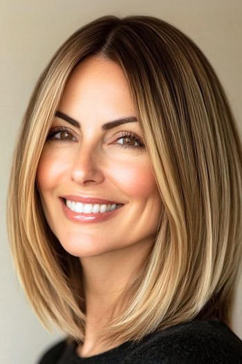 Long Bob with Face Framing Highlights Hairstyle on a smiling woman with brown hair and face-framing highlights.