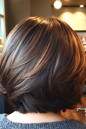 Long Bob with Highlights And Soft Feathering Hairstyle on a woman with brown hair and highlights, back view, in salon.