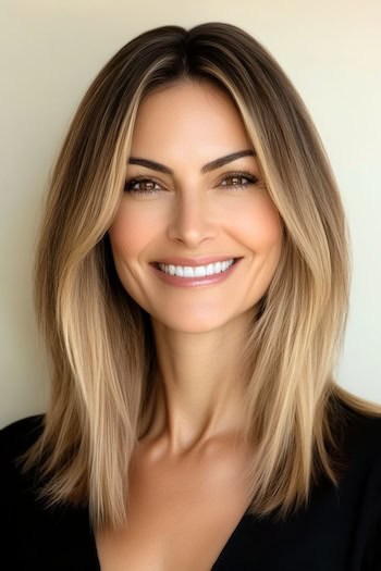 Long Bob with Ombre Shading Hairstyle on a smiling woman with ombre brown and blonde hair.