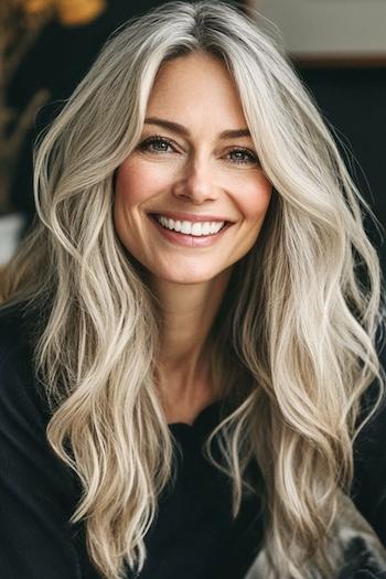 Long Cream Blonde Waves Hairstyle on a smiling woman with long blonde hair.