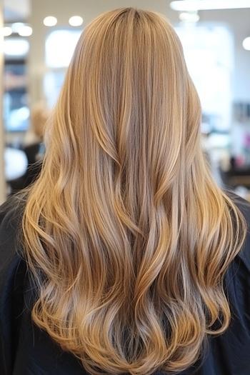 Long Dirty Blonde Waves Hairstyle on a woman with long blonde hair, from back in salon.