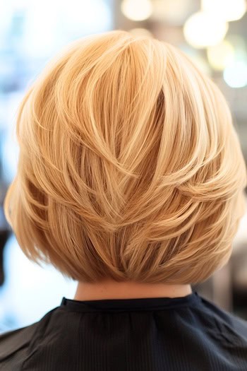 Long Feathered Blonde Bob Hairstyle on a woman with blonde hair, back view, in salon.