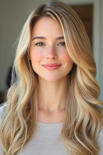 Long Honey Blonde Waves with Beige Undertones Hairstyle on a softly smiling woman with long blonde hair.