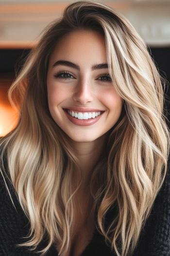 Long Honey Wheat Blonde Piecey Waves with Highlights and Dark Roots Hairstyle on a smiling woman with long blonde hair.