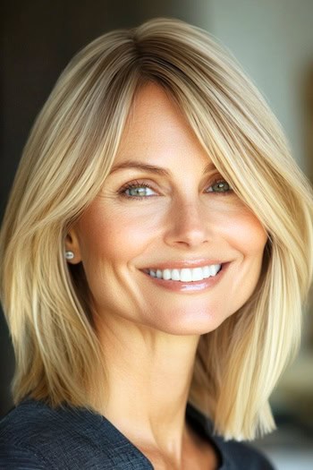 Long Layered Blunt Bob Hairstyle on a smiling woman with blonde hair.