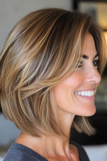 Long Layered Bob with Highlights Hairstyle on a smiling woman with highlighted brown hair, side view.