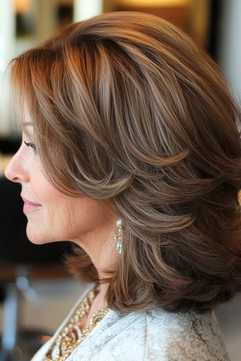 Long Layered Feathered Bob Hairstyle on an older woman with brown hair, side view.