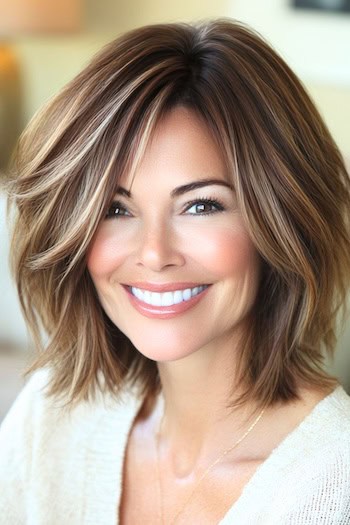 Long Layered Textured Bob with Highlights Hairstyle on a smiling woman with brown hair and blonde highilghts.