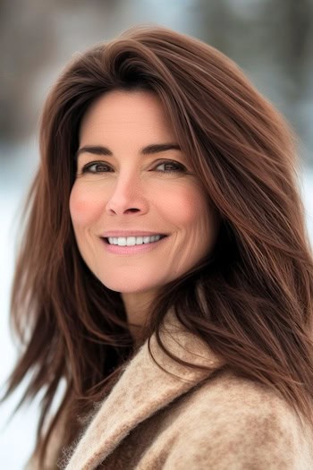 Long Milk Chocolate Brown Layers Hairstyle on a smiling woman with brown hair in the winter outdoors.